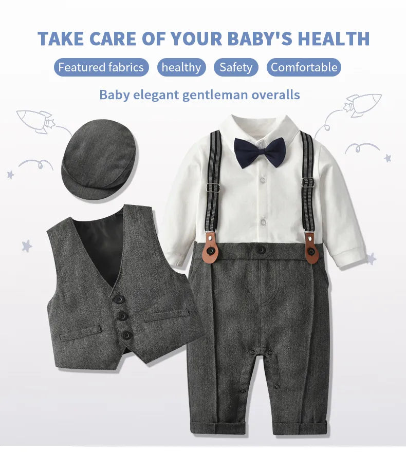 Baby Boys' Formal Gentleman Romper Set with Vest & Hat for Home Decor