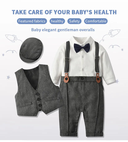 Baby Boys' Formal Gentleman Romper Set with Vest & Hat for Home Decor