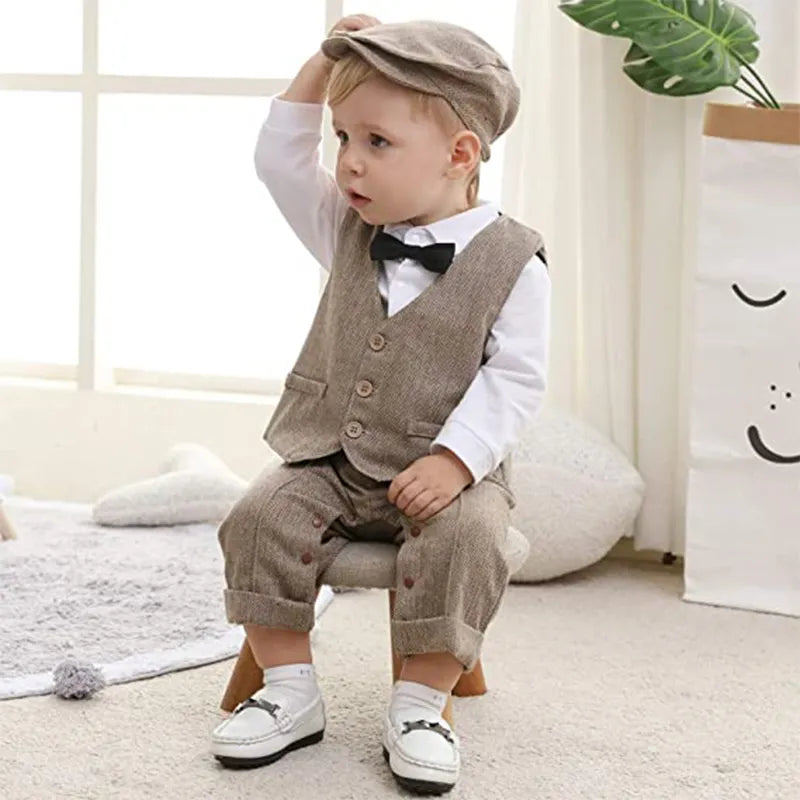 Baby Boys' Formal Gentleman Romper Set with Vest & Hat for Home Decor