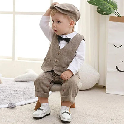 Baby Boys' Formal Gentleman Romper Set with Vest & Hat for Home Decor