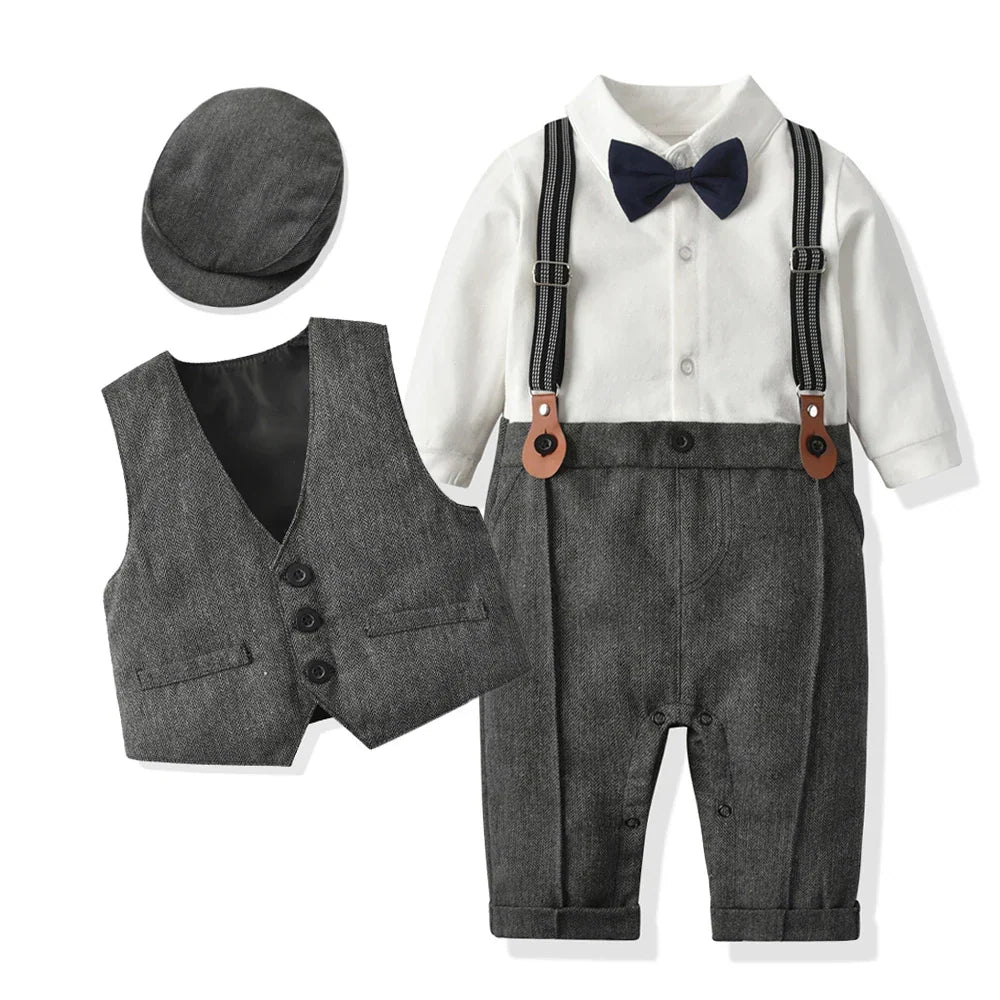 Baby Boys' Formal Gentleman Romper Set with Vest & Hat for Home Decor