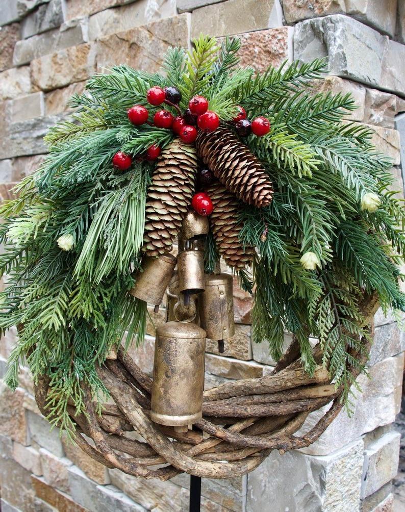 Rustic Christmas Wreath, Boho Holiday Decor, Festive Door Decoration