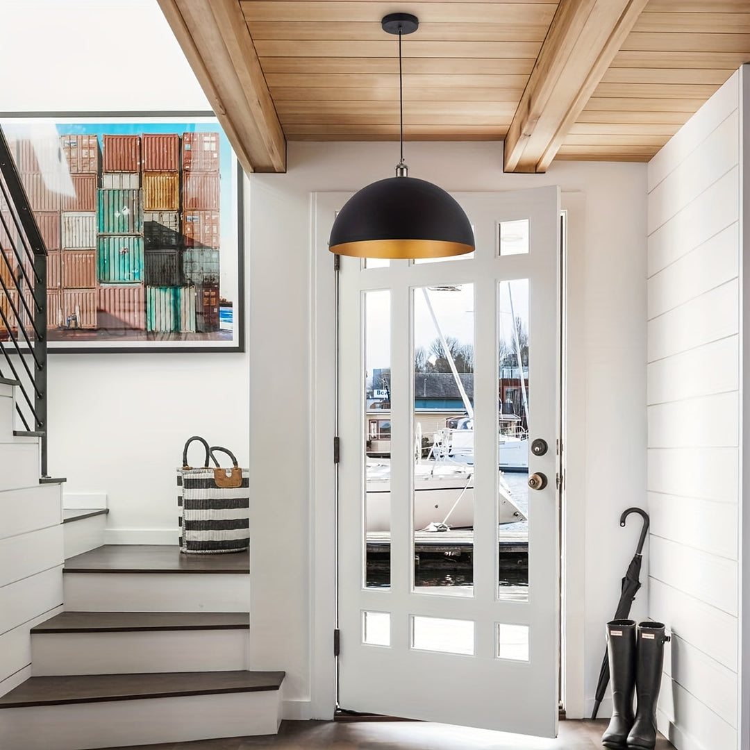 Industrial Dome Pendant Light | Black and Gold Iron Shade