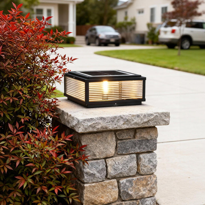 Square Pillar Ribbed Glass Outdoor Metal Light Fixture