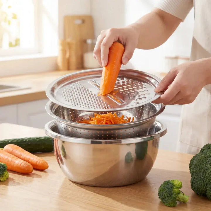 3-in-1 Batter Bowl Set with Grid and Drainage | Space-Saving Design