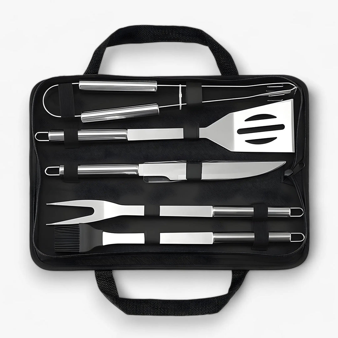 Stainless Steel BBQ Cutlery Set with Travel Case and Heatproof Grip