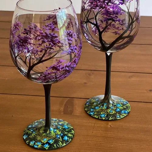 Hand Painted Four Seasons Tree Wine Glasses | Unique Art Design-Orizon Depot