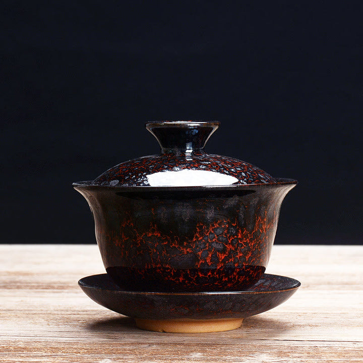 Vintage Kiln Ceramic Gaiwan Sancai Tea Cup and Saucer Set with Lid-Orizon Depot