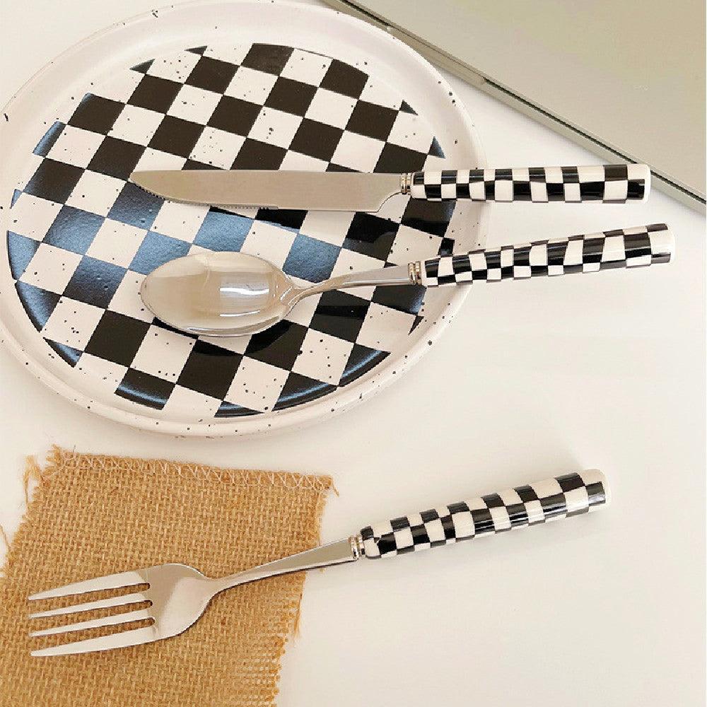Stylish Stainless Steel Cutlery Set with Checkerboard Pattern-Orizon Depot
