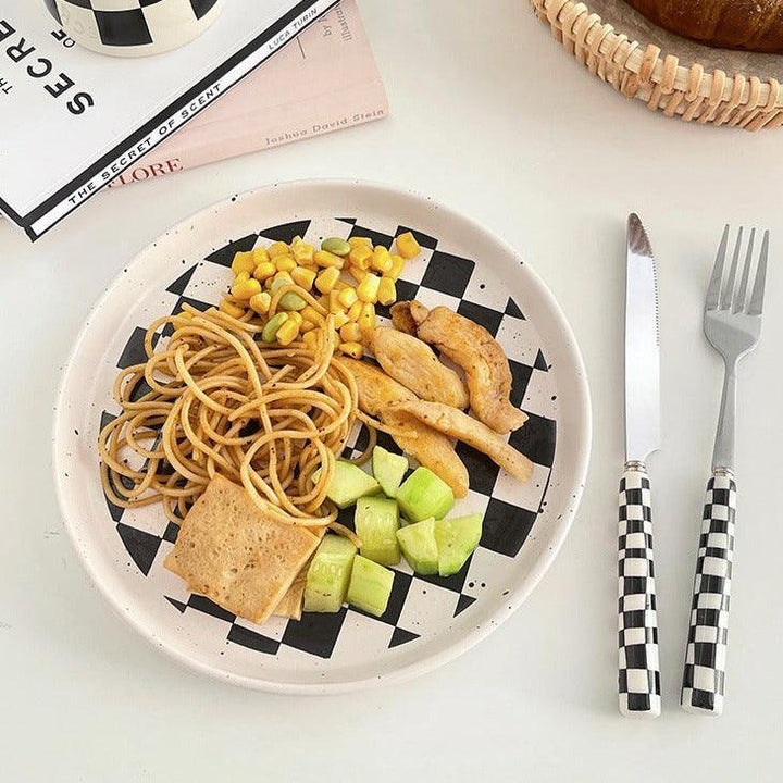 Stylish Stainless Steel Cutlery Set with Checkerboard Pattern-Orizon Depot