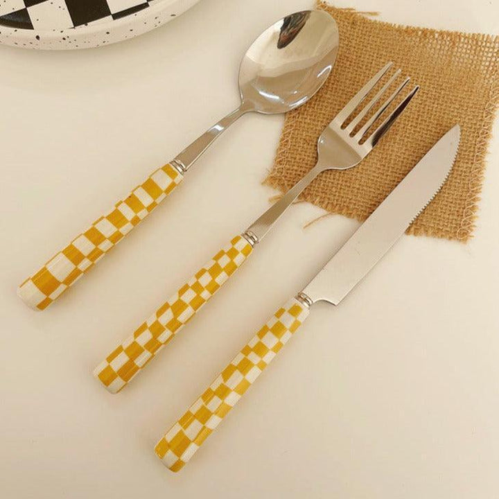 Stylish Stainless Steel Cutlery Set with Checkerboard Pattern-Orizon Depot