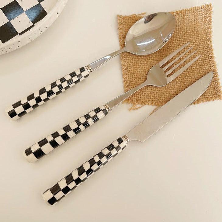 Stylish Stainless Steel Cutlery Set with Checkerboard Pattern-Orizon Depot