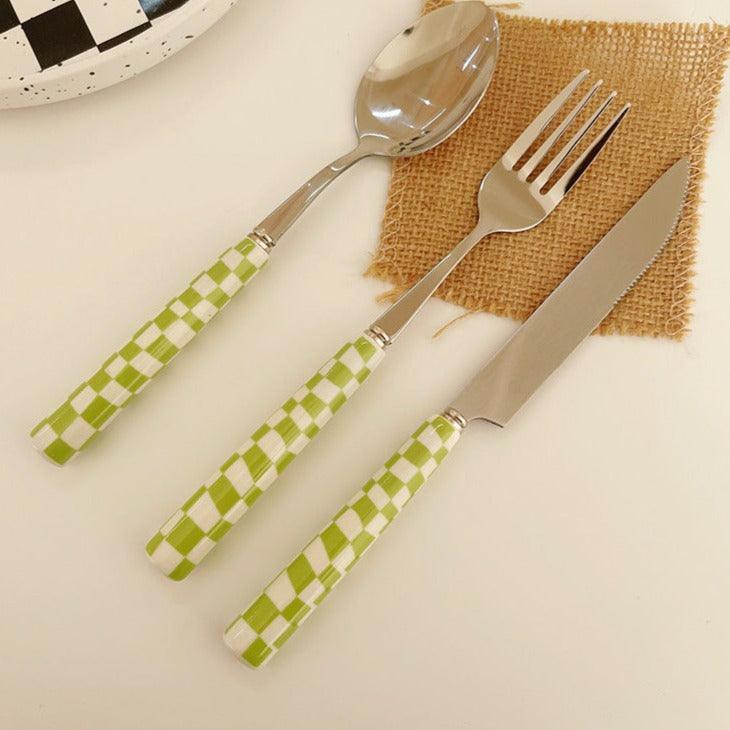 Stylish Stainless Steel Cutlery Set with Checkerboard Pattern-Orizon Depot