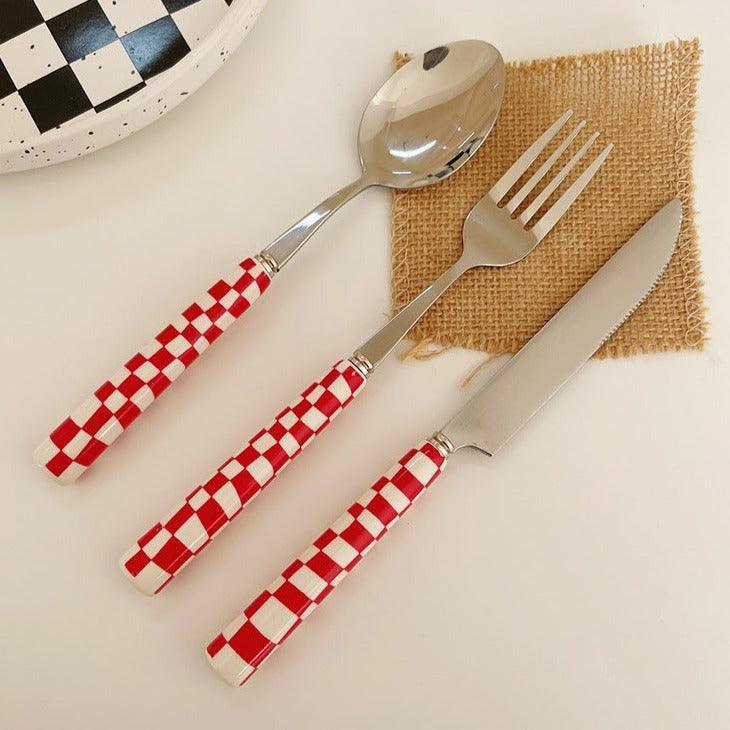 Stylish Stainless Steel Cutlery Set with Checkerboard Pattern-Orizon Depot