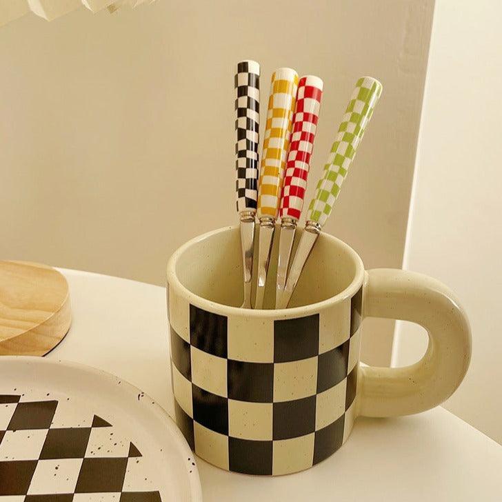 Stylish Stainless Steel Cutlery Set with Checkerboard Pattern-Orizon Depot