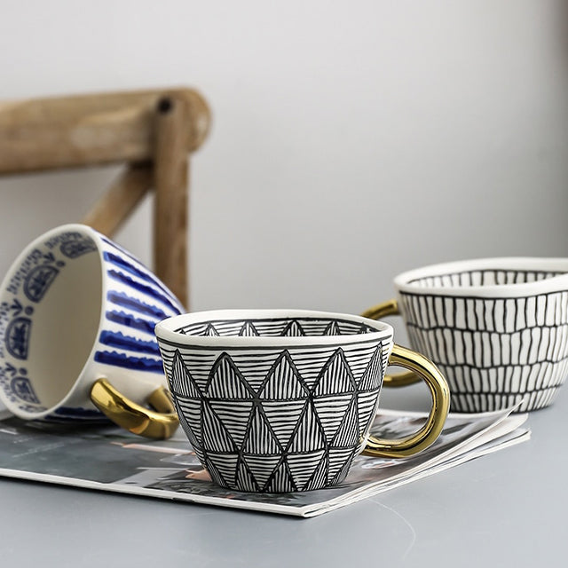 Geometric Pattern Cup with Gold Handle - Stylish Drinkware-Orizon Depot