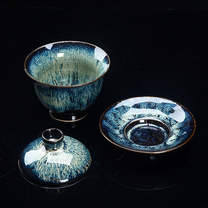 Vintage Kiln Ceramic Gaiwan Sancai Tea Cup and Saucer Set with Lid-Orizon Depot