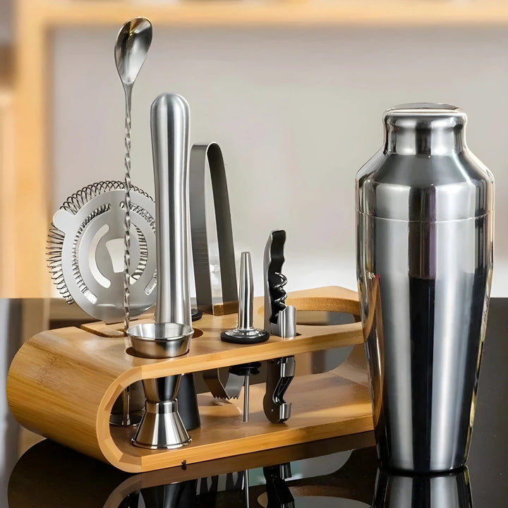 10-Piece Drinkware Set with Bamboo Stand and Bar Accessories