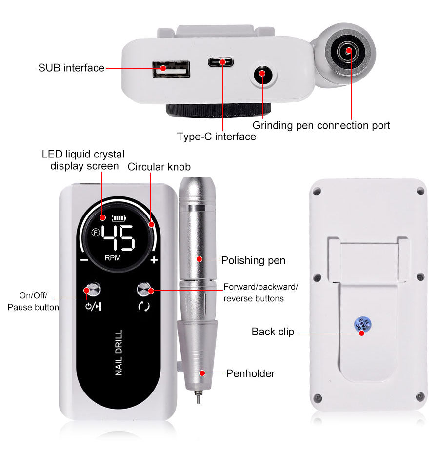 Professional 45000RPM Portable Electric Nail File with Rechargeable Battery-Orizon Depot