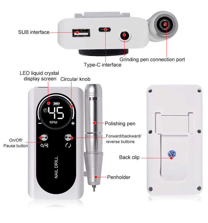 Professional 45000RPM Portable Electric Nail File with Rechargeable Battery-Orizon Depot