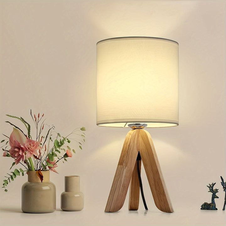 Wooden Tripod Table Lamp with Fabric Shade for Home Decor