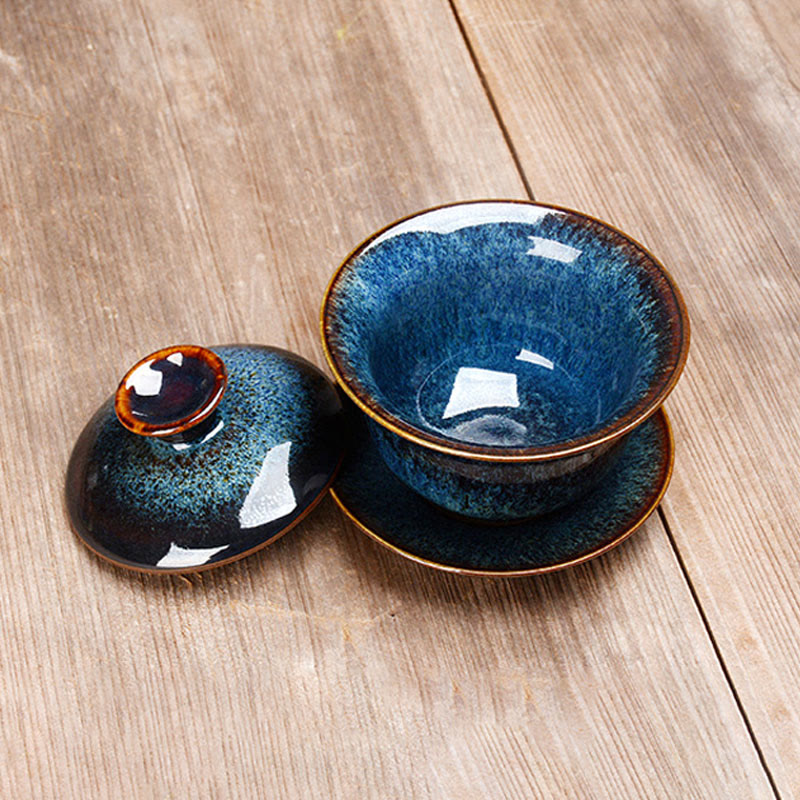 Vintage Kiln Ceramic Gaiwan Sancai Tea Cup and Saucer Set with Lid-Orizon Depot