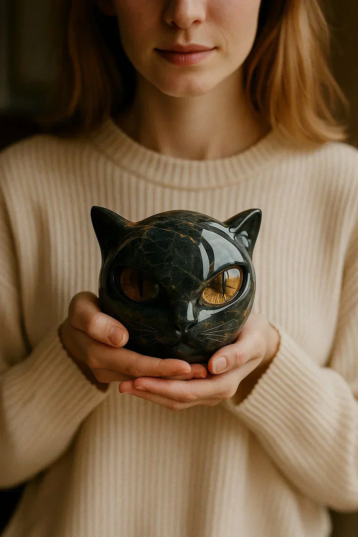 Black Cat Head Sculpture with Hypnotic Eyes – Noir Design-Orizon Depot