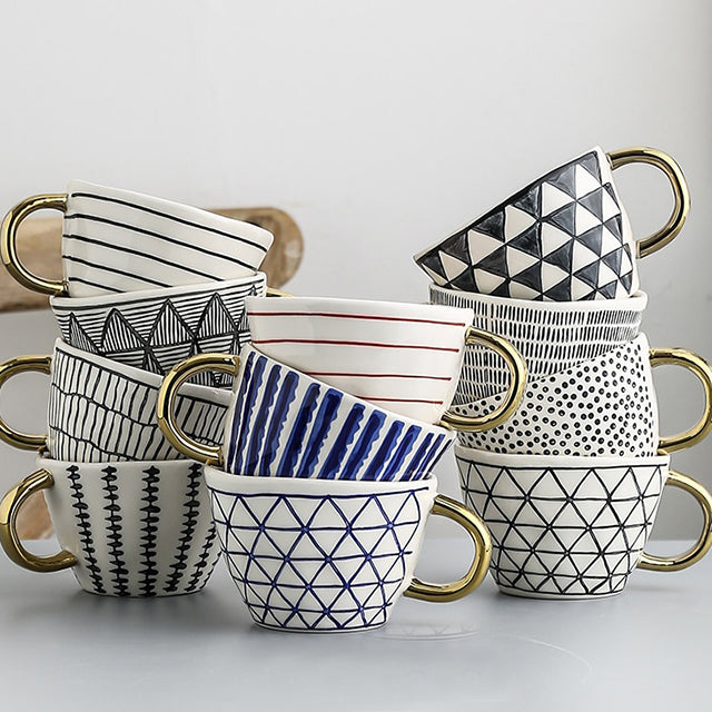 Geometric Pattern Cup with Gold Handle - Stylish Drinkware-Orizon Depot