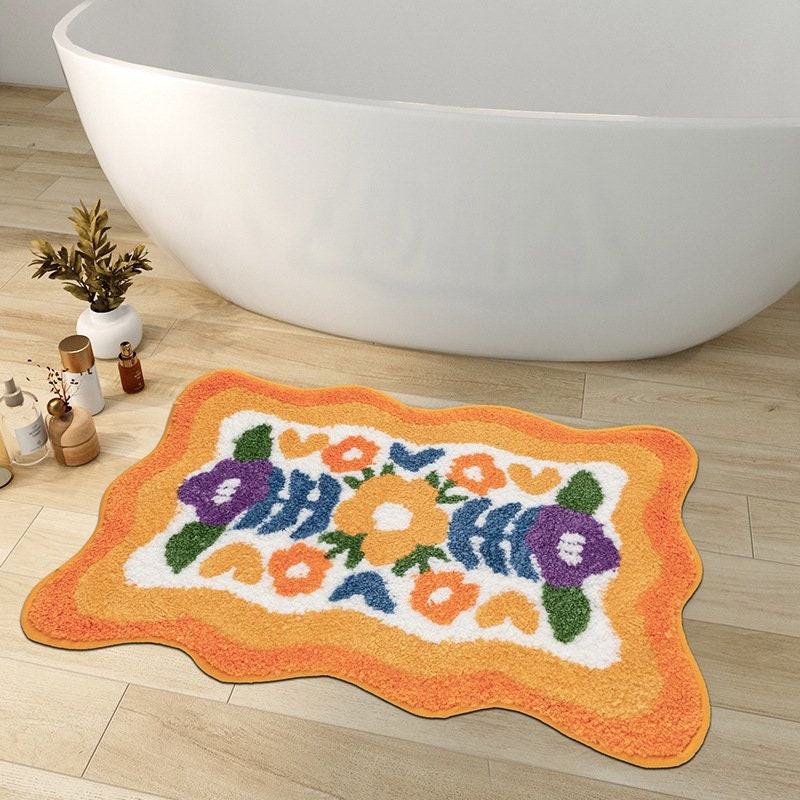 Colorful Flower Bathroom Mat, Orange and Purple Non-Slip Bath Rug-Orizon Depot