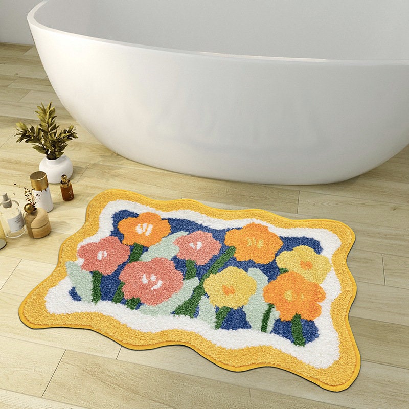 Colorful Flower Bathroom Mat, Orange and Purple Non-Slip Bath Rug-Orizon Depot