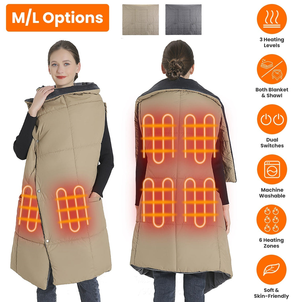 USB Heated Electric Blanket with Poncho, Pockets, and Hand Openings