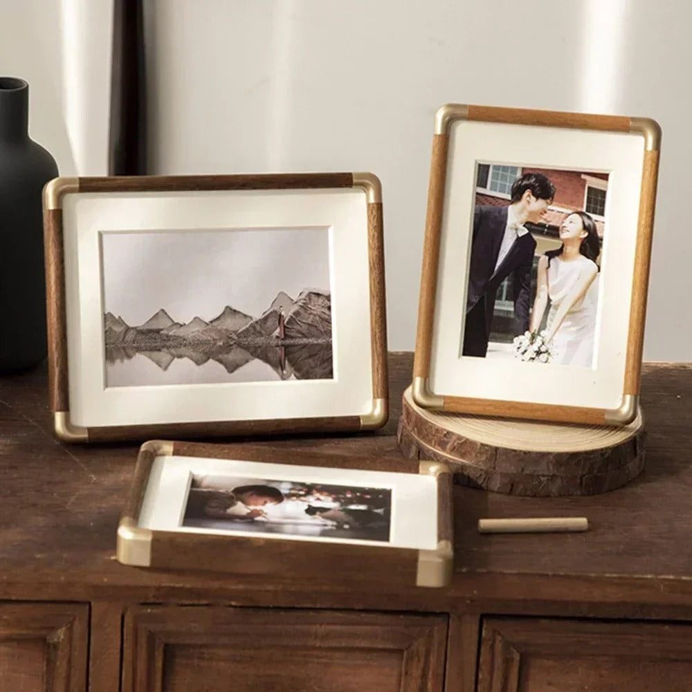 Vintage Wood & Brass Tabletop Photo Frame-Orizon Depot