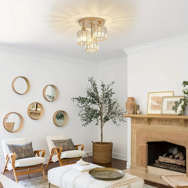 Elegant Gold Crystal Ceiling Light | 3-Light Semi Flush Mount