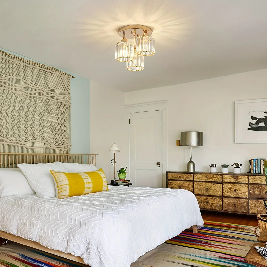 Elegant Gold Crystal Ceiling Light | 3-Light Semi Flush Mount