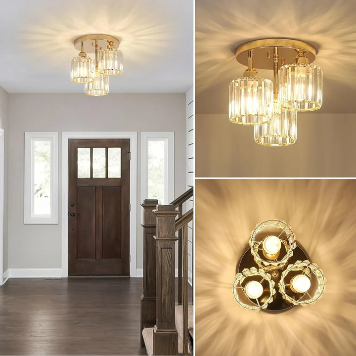 Elegant Gold Crystal Ceiling Light | 3-Light Semi Flush Mount