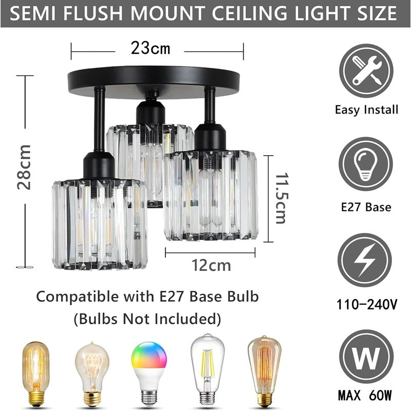Elegant Gold Crystal Ceiling Light | 3-Light Semi Flush Mount