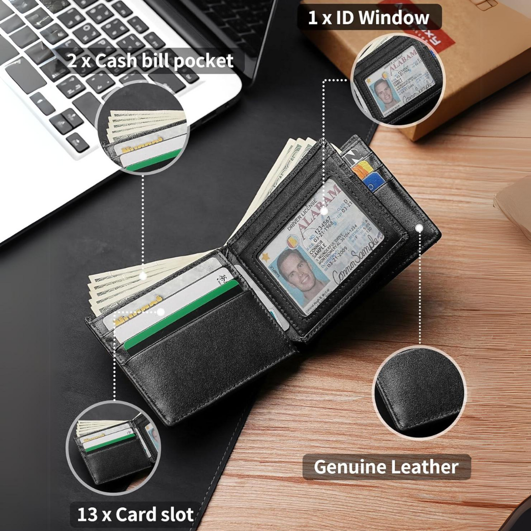 Men's Genuine Leather RFID Blocking Bifold Wallet for Home Decor
