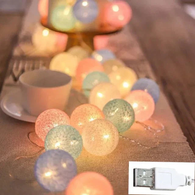 Pastel Cotton Ball Fairy Lights Garland for Home Decor-Orizon Depot