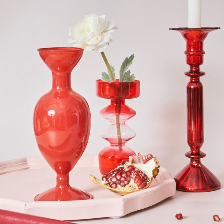 Cherry Red Glass Stick Candle Holder and Vase Set-Orizon Depot