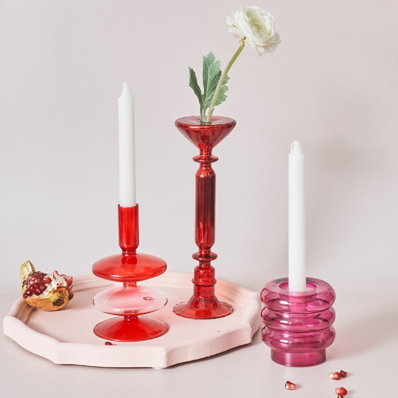 Cherry Red Glass Stick Candle Holder and Vase Set-Orizon Depot
