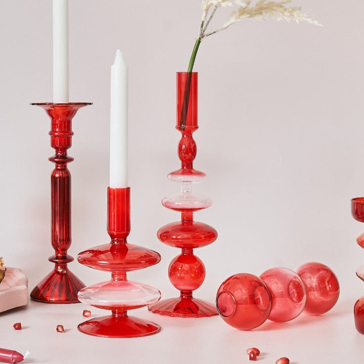 Cherry Red Glass Stick Candle Holder and Vase Set-Orizon Depot