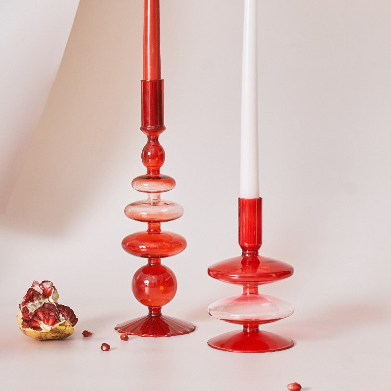 Cherry Red Glass Stick Candle Holder and Vase Set-Orizon Depot