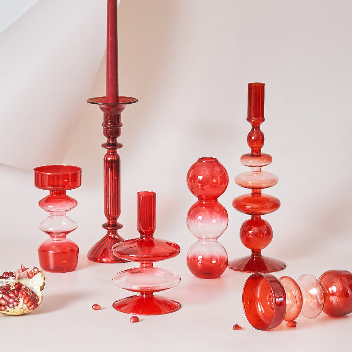 Cherry Red Glass Stick Candle Holder and Vase Set-Orizon Depot