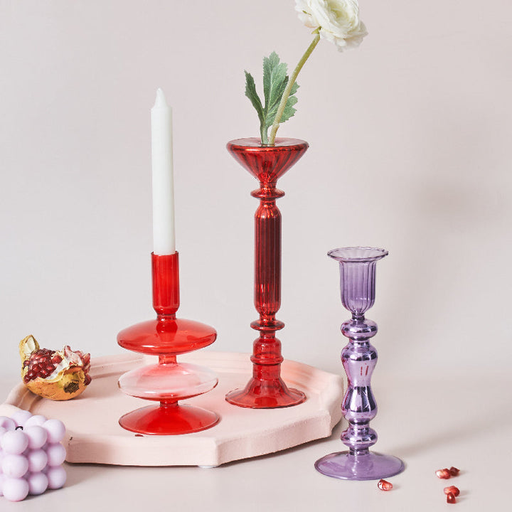 Cherry Red Glass Stick Candle Holder and Vase Set-Orizon Depot