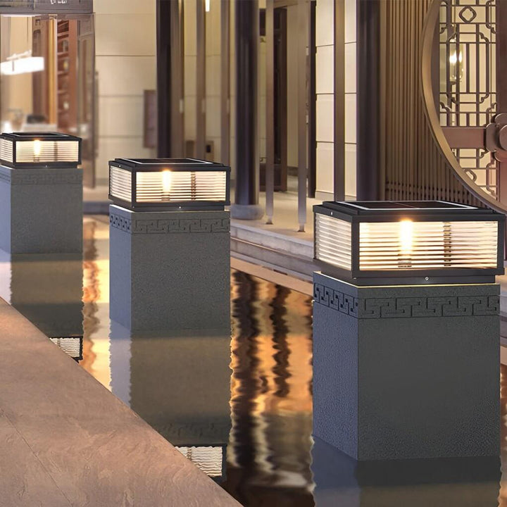 Square Pillar Ribbed Glass Outdoor Metal Light Fixture