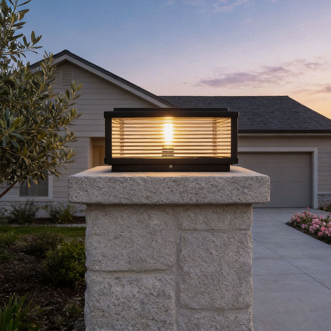 Square Pillar Ribbed Glass Outdoor Metal Light Fixture