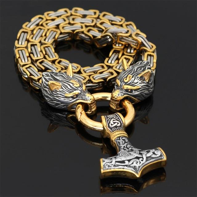 Stainless Steel Double Wolf Head & Mjolnir Survival Spirit Necklace/Bracelet-Orizon Depot