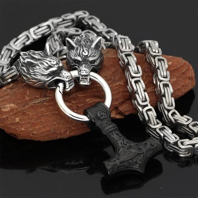 Stainless Steel Double Wolf Head & Mjolnir Survival Spirit Necklace/Bracelet-Orizon Depot