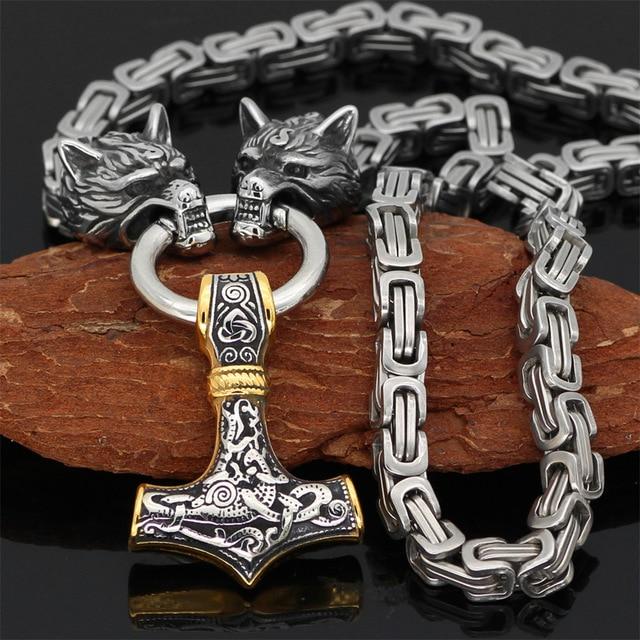 Stainless Steel Double Wolf Head & Mjolnir Survival Spirit Necklace/Bracelet-Orizon Depot