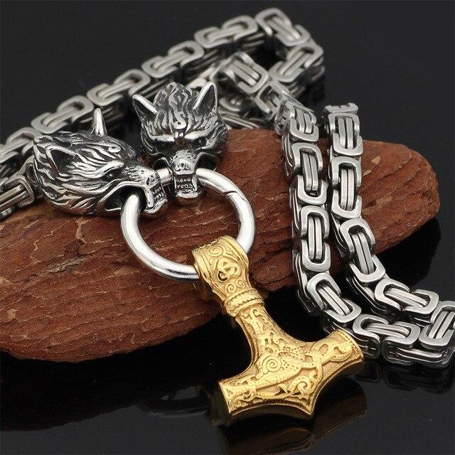 Stainless Steel Double Wolf Head & Mjolnir Survival Spirit Necklace/Bracelet-Orizon Depot